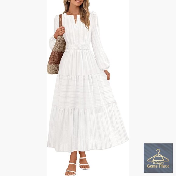 Dresses & Skirts - Long Sleeve V-Neck Tiered Cotton Maxi Dress with Pockets